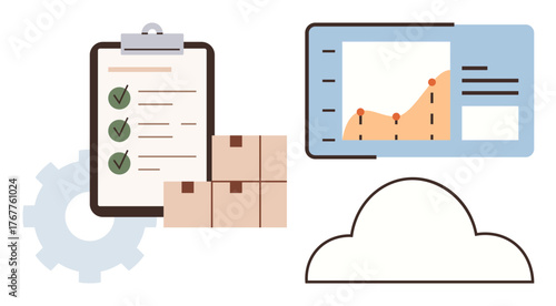 Checklist with completed tasks, stacked boxes, data chart, cloud, and gear representing process optimization, logistics, cloud storage, analytics and planning. Ideal for business management