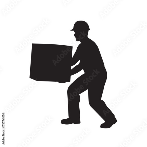 Silhouette of a construction worker carrying a box isolated on white background the worker is wearing a hard hat and is lifting a heavy object, in a vector illustration