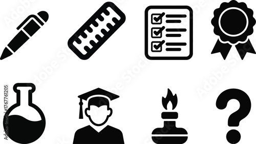 Set of educational icons pen ruler checklist award flask student burner question mark