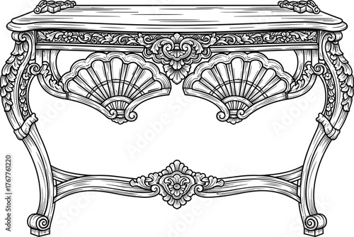 Ornate antique table illustration, baroque style furniture with carved details, vintage decor concept, elegant woodwork vector art, stock image