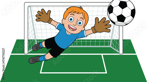 Cartoon soccer goalkeeper, diving save, football goal scene, kids sports clipart, action pose, dynamic illustration