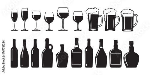 Collection of various alcohol beverage silhouettes isolated on white background includes wine glasses, beer mugs, and bottles of wine, whiskey, and other spirits