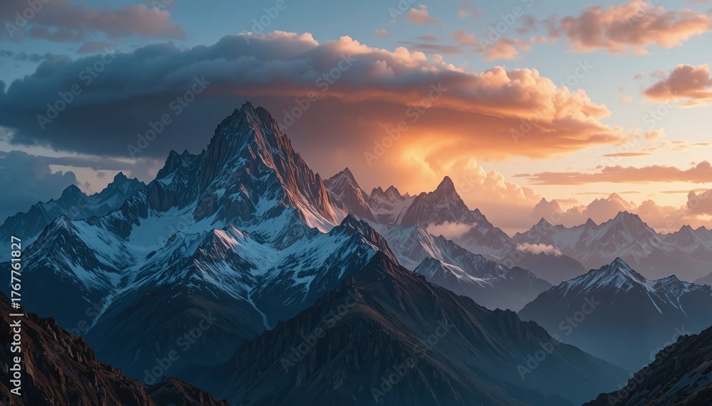 Obraz premium Dramatic snow-capped peaks pierce a vibrant sunset sky, casting golden light over a vast alpine panorama. Breathtaking and serene natural grandeur