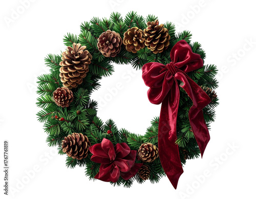  3D Render of Festive Pine Wreath with Metallic Gold Accents and Draped Velvet Ribbon, Angled Perspective, Isolated PNG. And transparent the background.