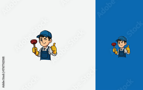 Mascot handyman plumbing  cartoon mascot man holding a drain plunger tool. isolated Vector design template.