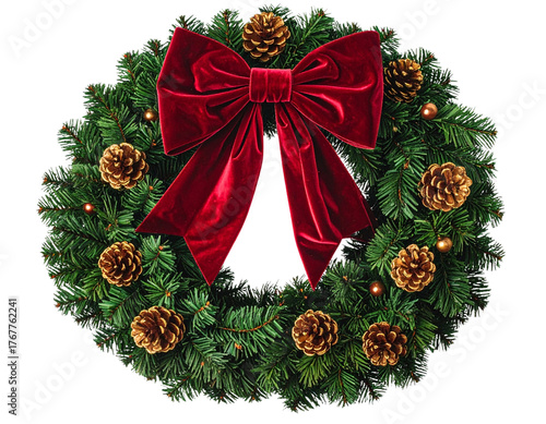  Classic Evergreen Christmas Wreath with Gold Pinecones and Rich Red Velvet Bow, Front View, Isolated PNG,And transparent the background.