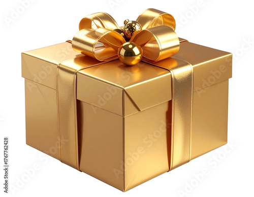  Luxury Wrapped Gift Box with Gold Ribbons and Ornaments, Front View, Isolated PNG.And transparent the background.