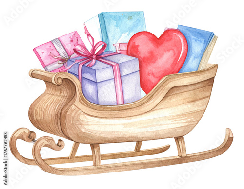 Watercolor Christmas Sleigh with Hand-Painted Festive Gifts and Soft Brush Textures, Isolated PNG.And transparent the background.