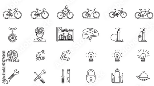Bicycle Line Icon Set, Vector Pictograms of Mountain Bike, Parking, Tracker, Light, Bell, Group Ride, Downhill, Thin Linear Illustration