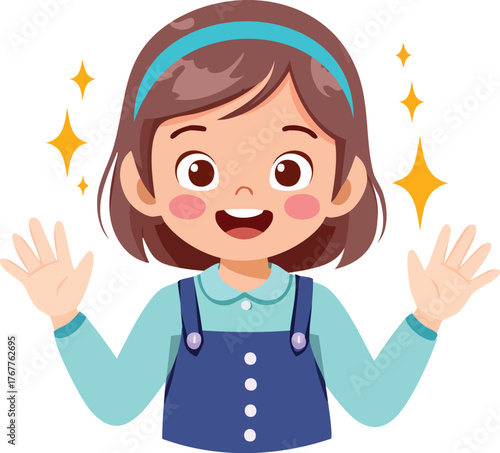 Happy girl waving with sparkles isolated