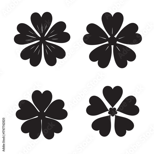Four black flower icons isolated on white background, each featuring five heartshaped petals arranged in a circular pattern, creating a simple and elegant floral design