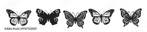 Photos Set of black butterfly silhouettes isolated on white background illustrating wings and patterns
