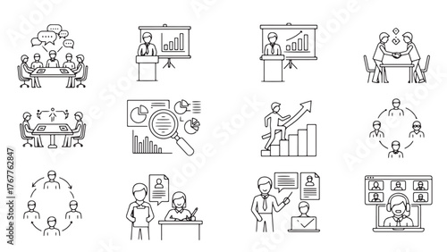 Business People Line Icon Set, Vector Pictograms of Management, Successful Professionals, Marketing, Finance, Presentation, Partnership, Collaboration, Thin Linear Illustration