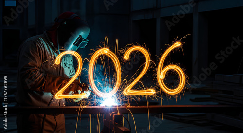 Welder creating 2026 sign from sparks, industial Christmas concept, New Year's greeting card