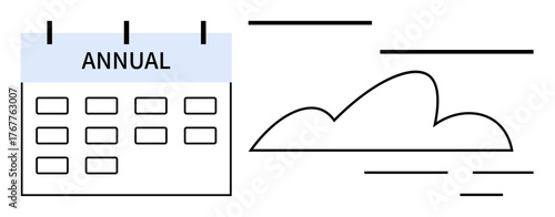 Annual calendar design paired with a flowing cloud. Ideal for scheduling, planning, yearly goals, abstract time concepts, productivity, organization, workflow. Simple flat metaphor