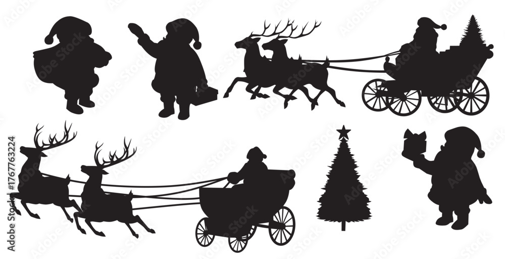 Naklejka premium silhouettes of santa claus reindeer sleigh and 