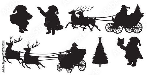  silhouettes of santa claus reindeer sleigh and 