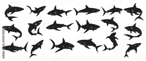 silhouettes of sharks in various dynamic poses showcasing