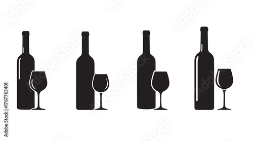 Elegant wine bottle and glass silhouettes isolated on white background, perfect for representing fine dining, celebration, or the art of winemaking and tasting
