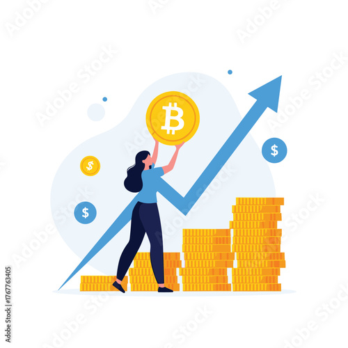 Female investor holding a Bitcoin coin, symbolizing the upward trend and growth of cryptocurrency investment leading to financial gain.