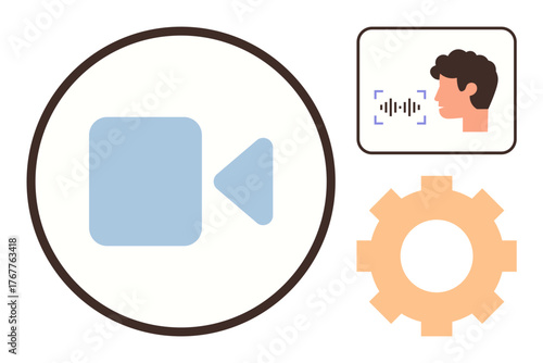 Camera icon, human profile with voice recognition wave, and gear cog. Ideal for communication, technology, voice control, conferencing, AI software and innovation. Simple flat metaphor