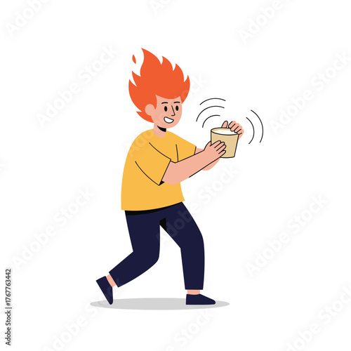 A cheerful individual with vibrant red hair, appearing to be on fire with excitement, happily holds a warm or intensely flavorful cup.