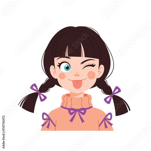 Cute cartoon girl with dark hair in braids winking and sticking out her tongue, wearing a peach sweater with purple bows.