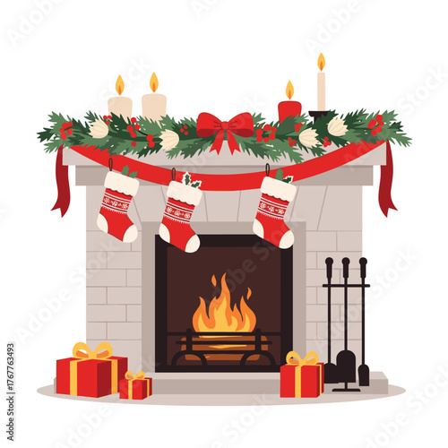Cozy Christmas fireplace decorated with festive garland, glowing candles, hung stockings, and wrapped presents, creating a warm holiday scene.