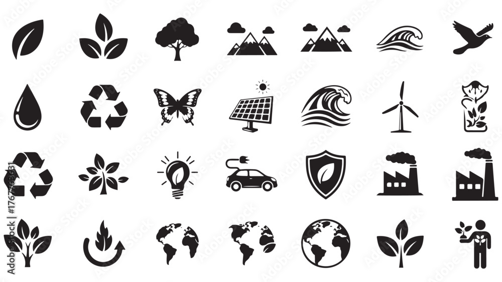 Fototapeta premium Eco and Sustainability Glyph Icon Set, Vector Pictograms of Recycle, Tree, Solar Panel, Wind Turbine, Environment, Renewable Energy, Conservation Concept, Black Silhouette Illustration