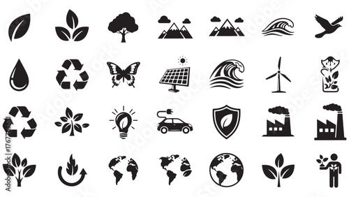 Eco and Sustainability Glyph Icon Set, Vector Pictograms of Recycle, Tree, Solar Panel, Wind Turbine, Environment, Renewable Energy, Conservation Concept, Black Silhouette Illustration