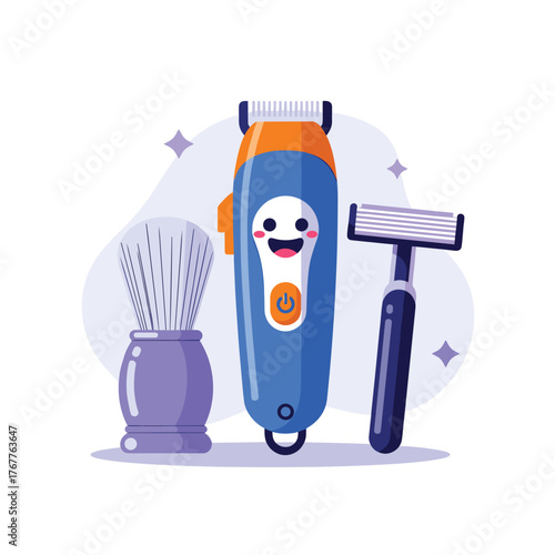 Cartoon illustration of essential men's grooming and shaving tools, including a cheerful hair trimmer, shaving brush, and razor.