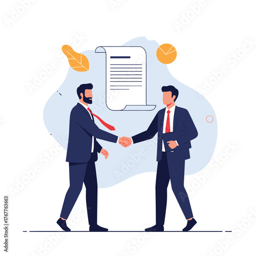 Two businessmen in suits shake hands, symbolizing a successful partnership agreement or a completed business deal with a contract.