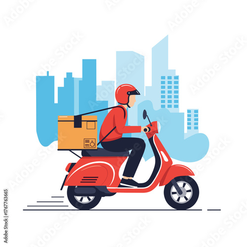A delivery person on a red scooter transports a package through a city backdrop, representing modern express delivery services.