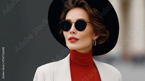 Stylish woman wearing black hat and sunglasses, with red turtleneck and white blazer, posing confidently outdoors, showcasing modern fashion trends and urban lifestyle aesthetics