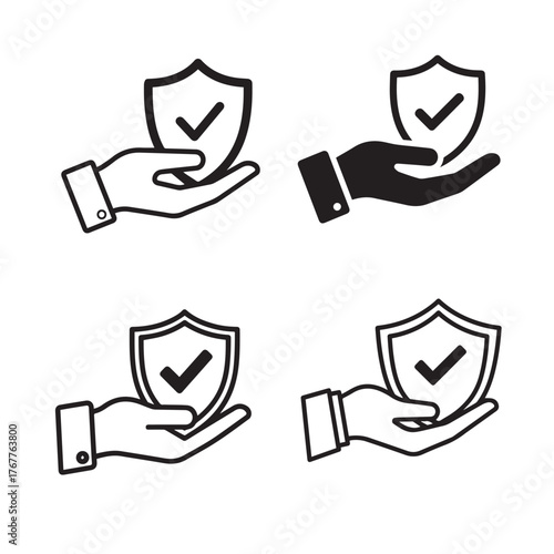 Collection of hand holding shield icons isolated on white background, symbolizing protection, security, and assurance, conveying trust, safety, and reliability