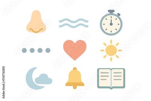 Essential flat design icons set featuring nose, heart, stopwatch, sun, moon, and book symbols