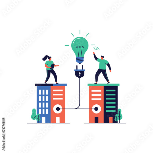 Two professionals on separate buildings connect their innovative ideas to power a bright light bulb, symbolizing collaboration, teamwork, and business solutions.