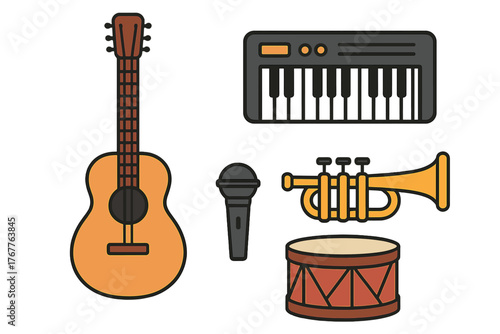 Collection of musical instruments including acoustic guitar, electronic keyboard, trumpet, microphone, and drum