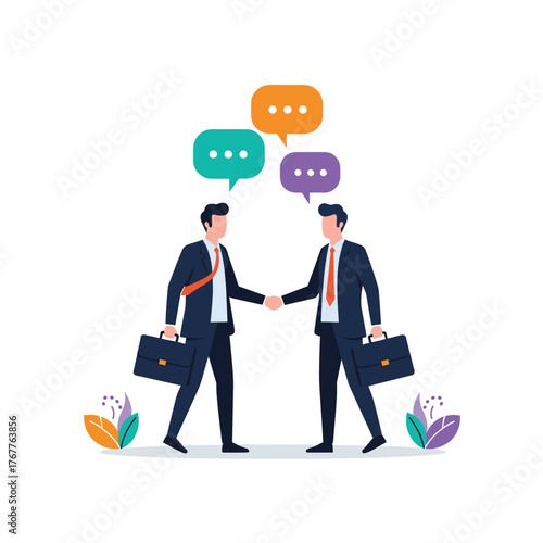 Two diverse businessmen in suits shake hands, symbolizing a successful partnership, agreement, or communication in a corporate setting.