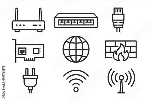 Set of line icons showing network devices, global communication, Wi-Fi signals, and digital security concepts