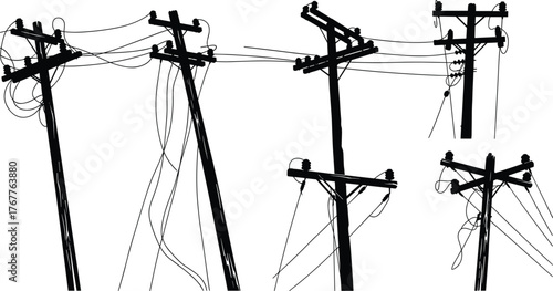 Utility poles with power lines illustration, silhouettes and insulators, blue wire connections, electrical distribution design, infrastructure concept, engineering artwork, energy grid