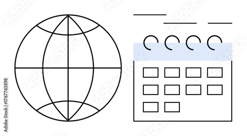 Globe next to calendar with grid and rings. Represents global planning, scheduling, management, international meetings. Ideal for time management, travel, globalization, logistics coordination