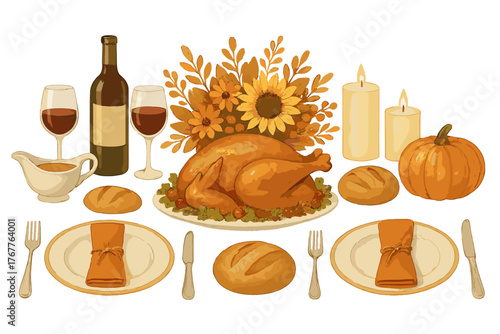 Festive autumn dinner table setting featuring a roasted turkey, wine glasses, and decorative fall elements