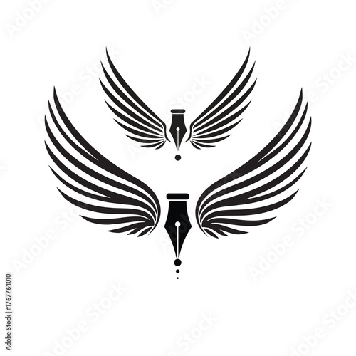 Wing Feather quill pen art logo bird with with fountain pen nib vector icon illustration design