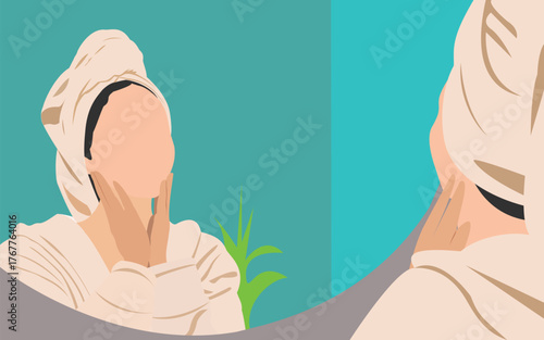 illustration of woman examining her face in the mirror after a bath wearing a towel and robe vector design on white background