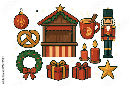 Traditional Christmas market stall with festive holiday decorations, nutcracker, gifts, and wreath