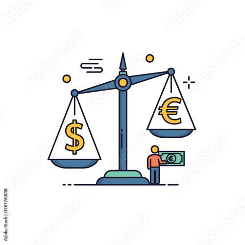 A conceptual illustration of a perfectly balanced scale comparing the US Dollar and Euro symbols, signifying currency exchange rates and global economic equilibrium.
