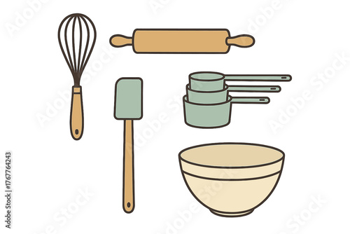 Essential kitchen utensils for baking and cooking tasks including whisk rolling pin and mixing bowl