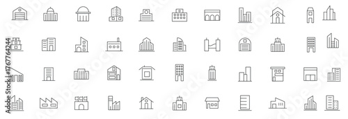 Building thin line icon set. Apartment, Industrial, house, hospital, restaurant, city, home, hotel, apartment, mall, coffee shop, land mark, historical place and place outline iocn collection.