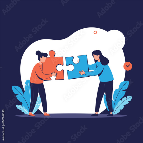 Two women actively collaborating to fit together two large puzzle pieces, symbolizing teamwork, problem-solving, and successful partnership.